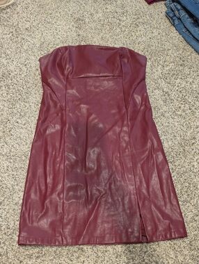 Guess Strapless Faux Leather Dress in Wine